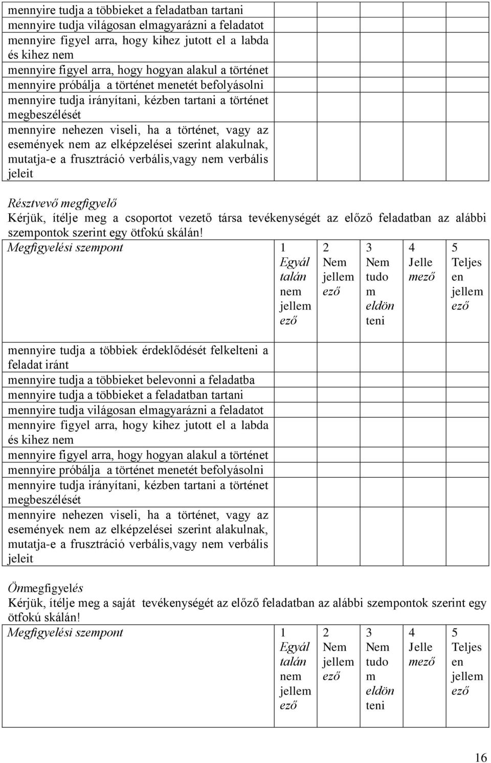 utatja-e a frusztráció verbális,vagy verbális jeleit Résztvevő egfigyelő Kérjük, ítélje eg a csoportot vezető társa tevékységét az előző feladatban az alábbi szepontok szerint egy ötfokú skálán!