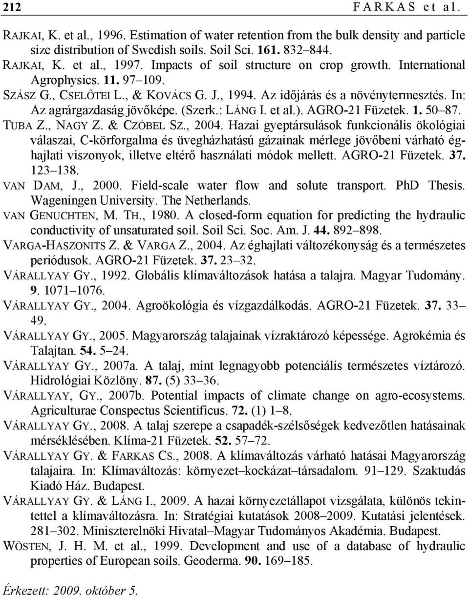 : LÁNG I. et al.). AGRO-21 Füzetek. 1. 50 87. TUBA Z., NAGY Z. & CZÓBEL SZ., 2004.