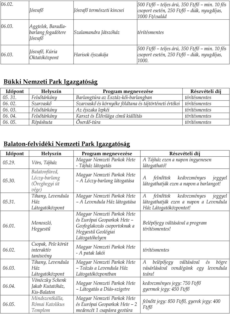 10 fős csoport esetén, 250 Ft/fő diák, nyugdíjas, 1000. Bükki Nemzeti Park Igazgatóság Időpont Helyszín Program megnevezése Részvételi díj 05. 31.