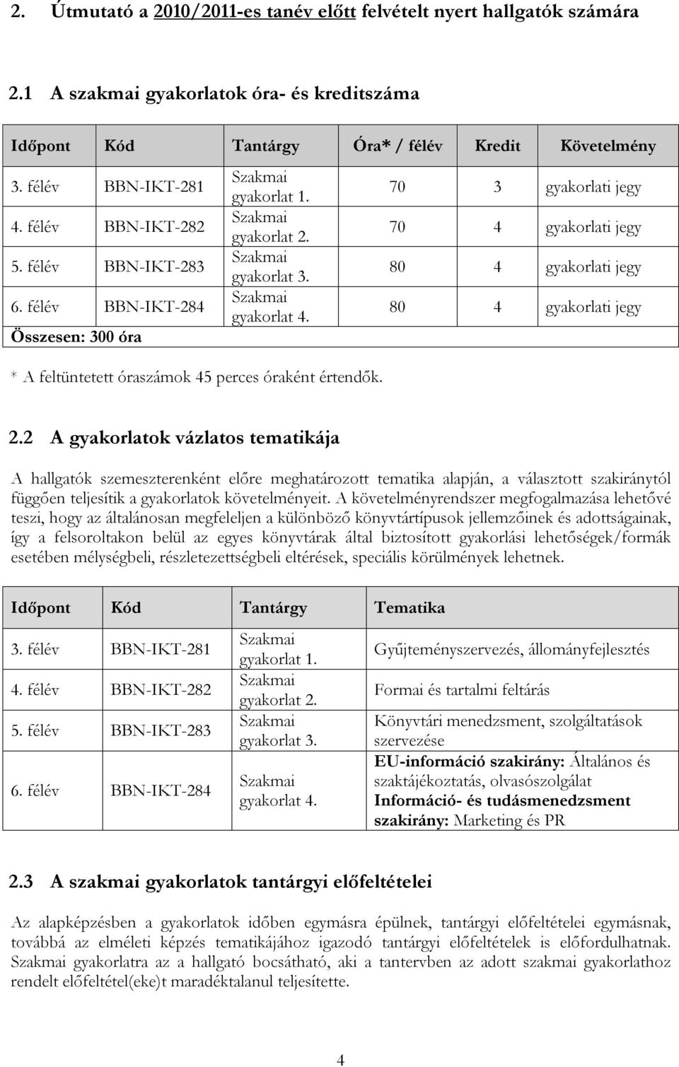 2 A gyakorlatok vázlatos tematikája A hallgatók szemeszterenként előre meghatározott tematika alapján, a választott szakiránytól függően teljesítik a gyakorlatok követelményeit.