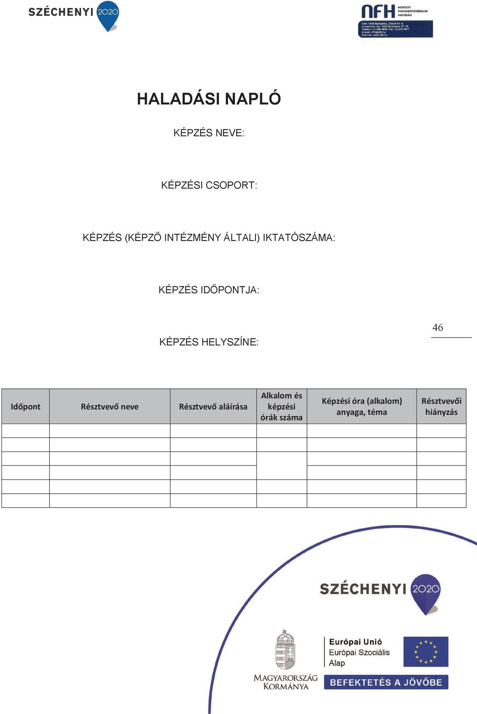 HELYSZÍNE: 46 Időpont Résztvevő neve Résztvevő aláírása Alkalom