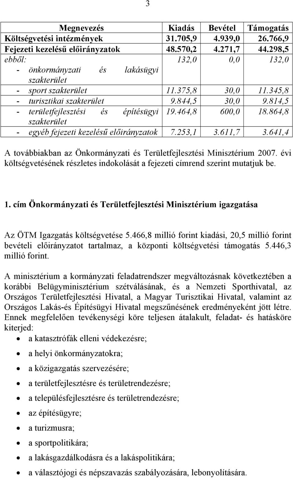 464,8 600,0 18.864,8 szakterület - egyéb fejezeti kezelésű előirányzatok 7.253,1 3.611,7 3.641,4 A továbbiakban az Önkormányzati és Területfejlesztési Minisztérium 2007.