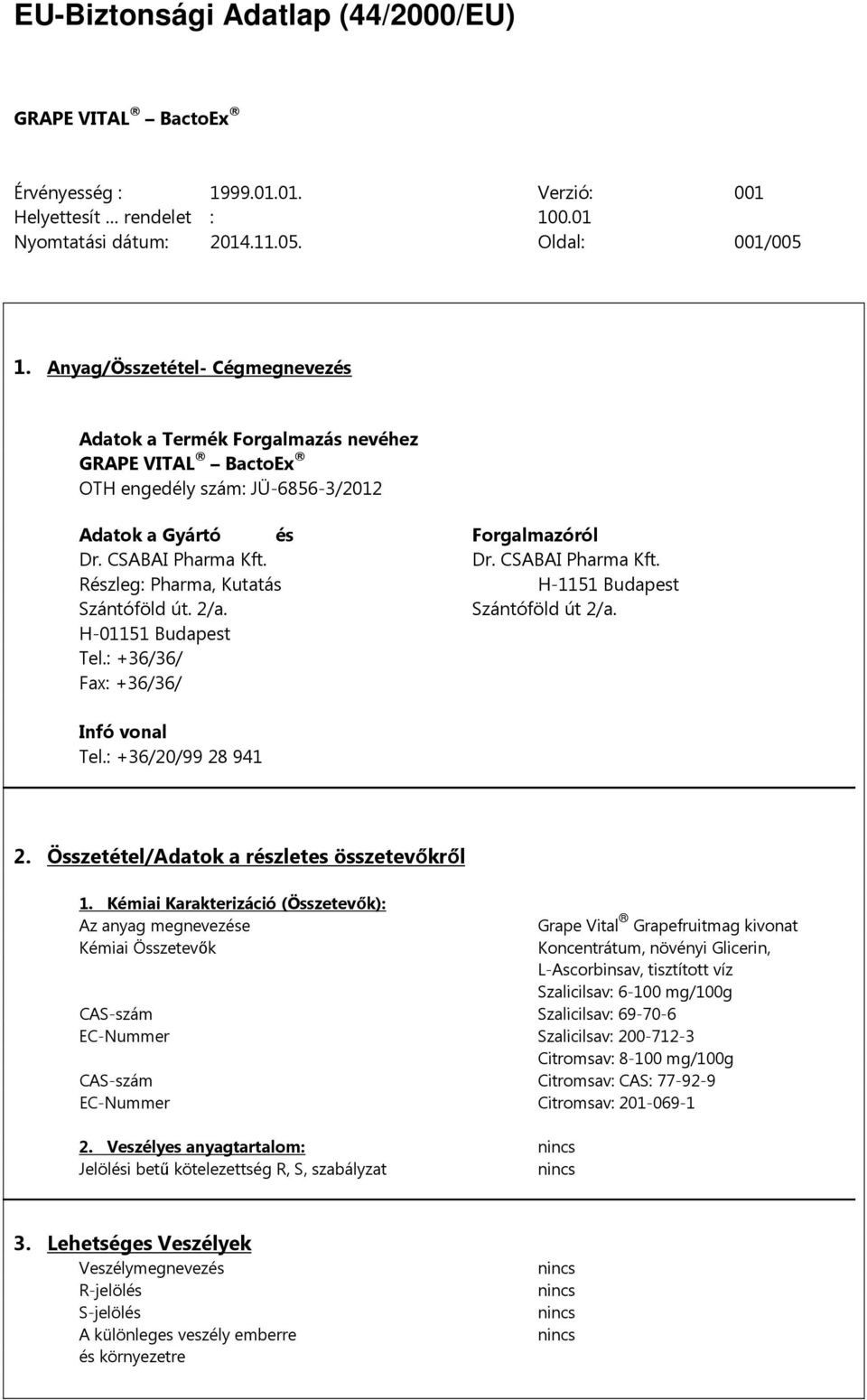 Dr. CSABAI Pharma Kft. Részleg: Pharma, Kutatás H-1151 Budapest Szántóföld út. 2/a. Szántóföld út 2/a. H-01151 Budapest Tel.: +36/36/ Fax: +36/36/ Infó vonal Tel.: +36/20/99 28 941 2.