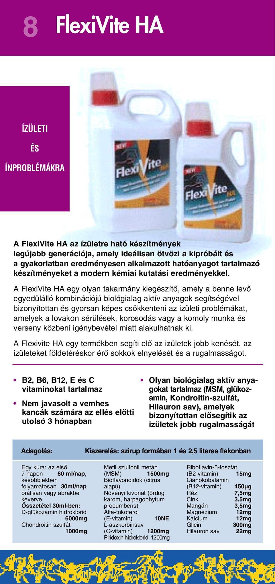 A FlexiVite HA egy olyan takarmány kiegészítô, amely a benne levô egyedülálló kombinációjú biológialag aktív anyagok segítségével bizonyítottan és gyorsan képes csökkenteni az izületi problémákat,