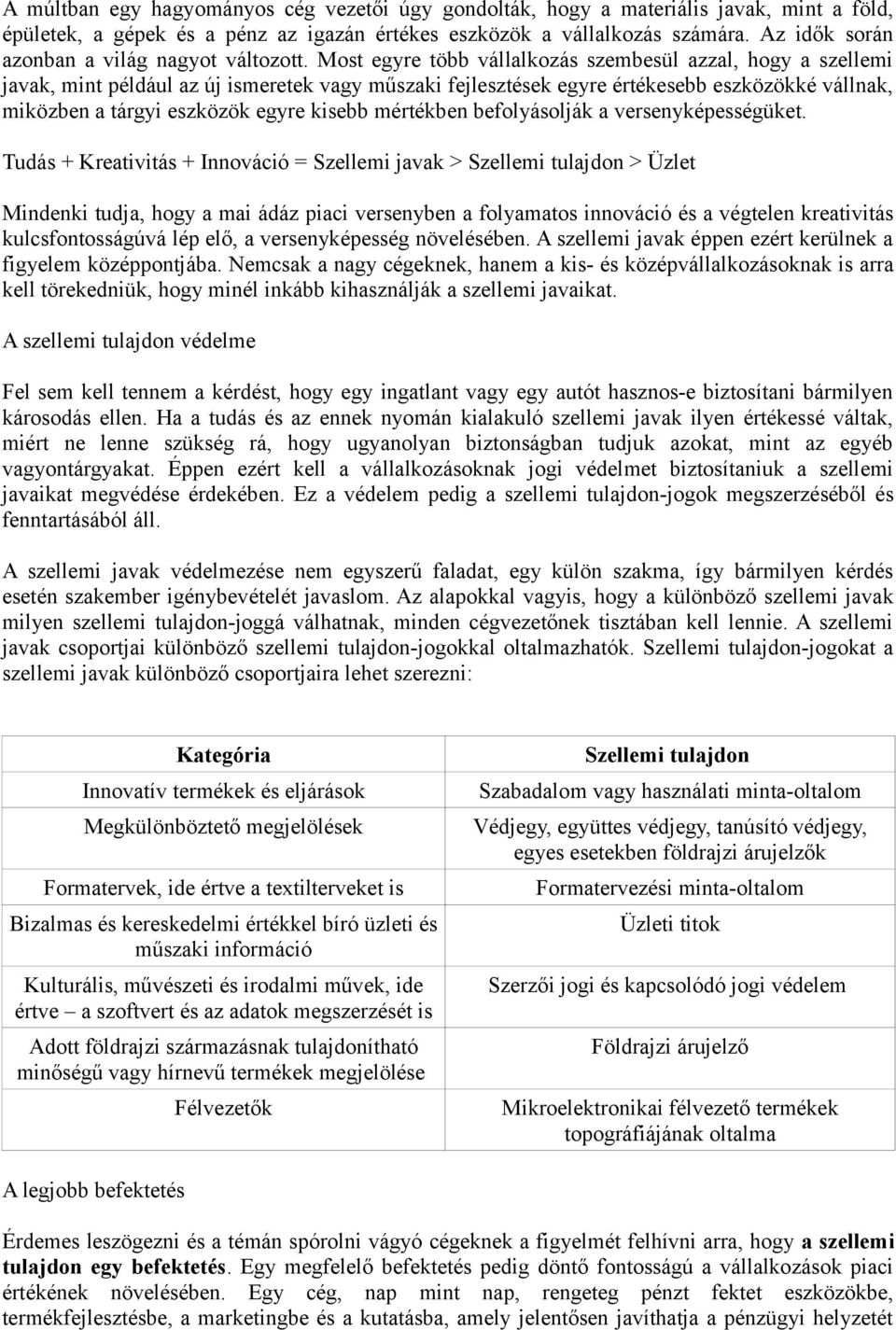 Most egyre több vállalkozás szembesül azzal, hogy a szellemi javak, mint például az új ismeretek vagy műszaki fejlesztések egyre értékesebb eszközökké vállnak, miközben a tárgyi eszközök egyre kisebb