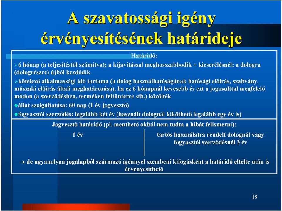 terméken feltüntetve stb.) közölték állat szolgáltatása: 60 nap (1 év jogvesztő) fogyasztói szerződés: legalább két év (használt dolognál kiköthető legalább egy év is) Jogvesztő határidő (pl.