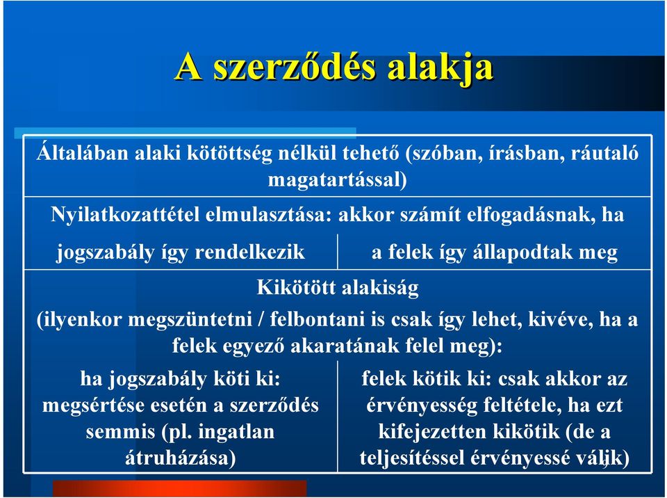 kivéve, ha a felek egyező akaratának felel meg): ha jogszabály köti ki: megsértése esetén a szerződés semmis (pl.