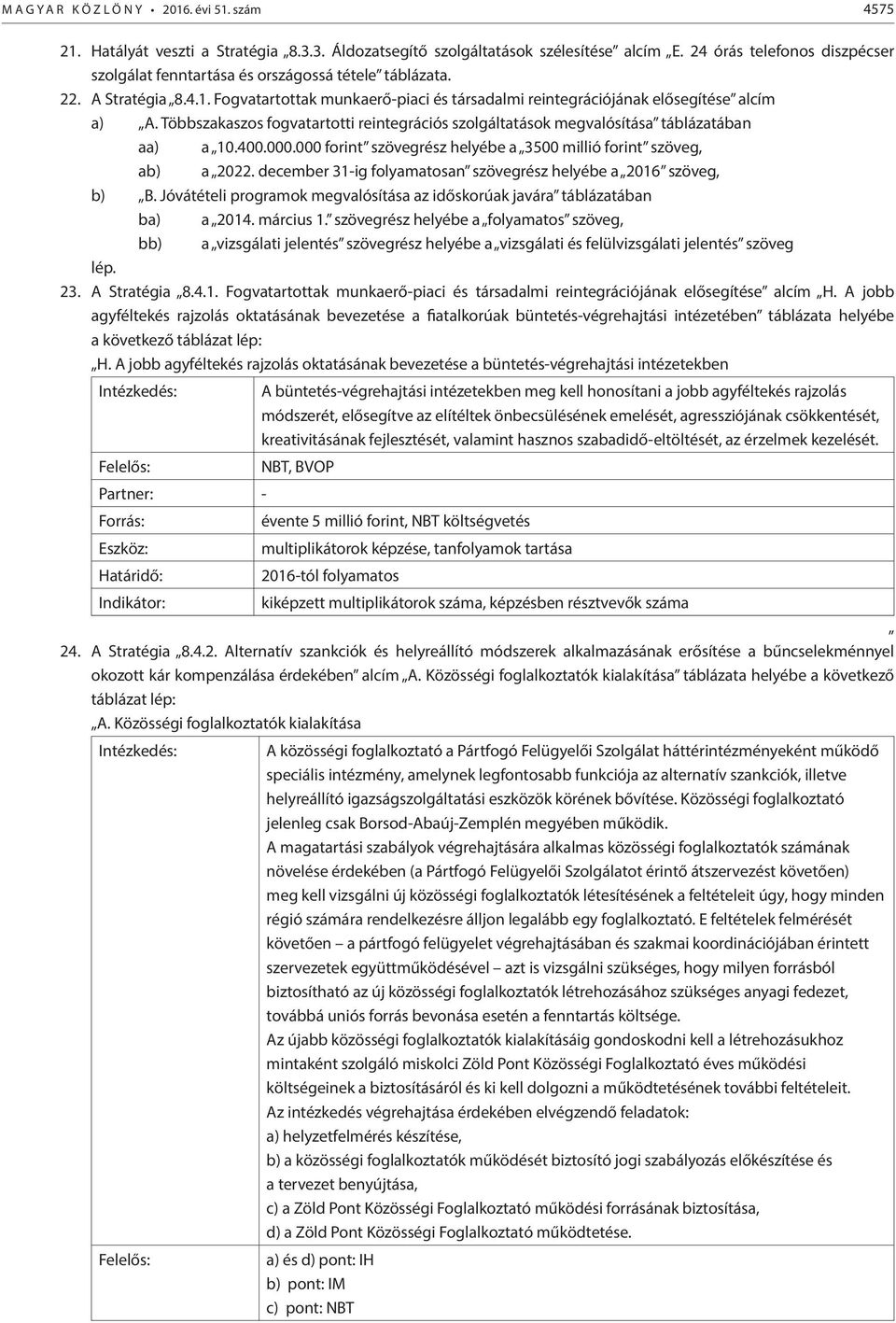 Többszakaszos fogvatartotti reintegrációs szolgáltatások megvalósítása táblázatában aa) a 10.400.000.000 forint szövegrész helyébe a 3500 millió forint szöveg, ab) a 2022.