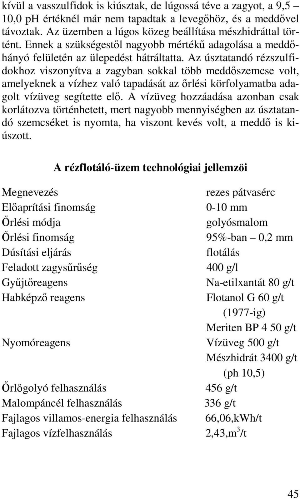 Az úsztatandó rézszulfidokhoz viszonyítva a zagyban sokkal több meddőszemcse volt, amelyeknek a vízhez való tapadását az őrlési körfolyamatba adagolt vízüveg segítette elő.