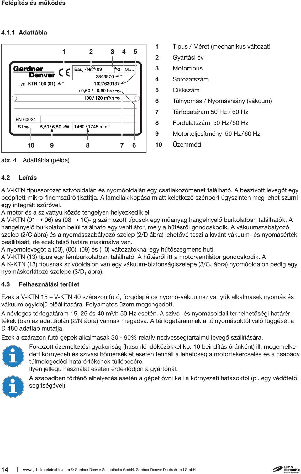 8 Fordulatszám 50 Hz/ 60 Hz 9 Motorteljesítmény 50 Hz/60 Hz 10 9 8 7 6 10 Üzemmód ábr. 4 Adattábla (példa) 4.2 Leírás A V-KTN típussorozat szívóoldalán és nyomóoldalán egy csatlakozómenet található.