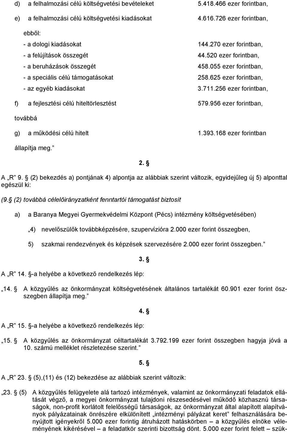 711.256 ezer forintban, f) a fejlesztési célú hiteltörlesztést 579.956 ezer forintban, továbbá g) a működési célú hitelt 1.393.168 ezer forintban állapítja meg. 2. A R 9.