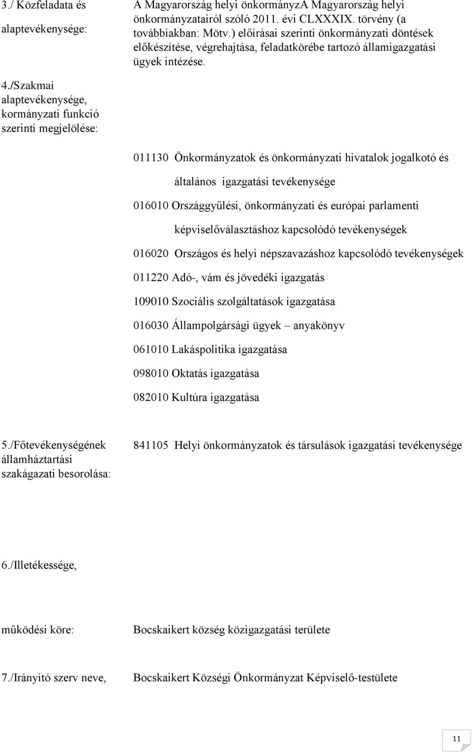 /Szakmai alaptevékenysége, kormányzati funkció szerinti megjelölése: 011130 Önkormányzatok és önkormányzati hivatalok jogalkotó és általános igazgatási tevékenysége 016010 Országgyűlési,