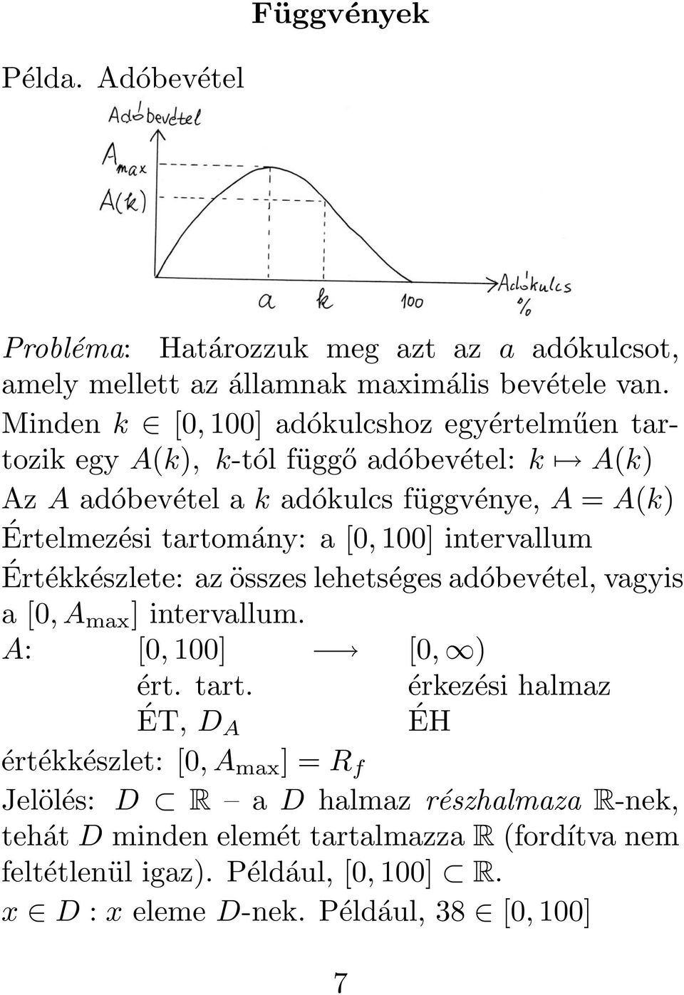 tartomány: a [0, 100] intervallum Értékkészlete: az összes lehetséges adóbevétel, vagyis a[0,a max ] intervallum. A: [0, 100] [0, ) ért. tart.