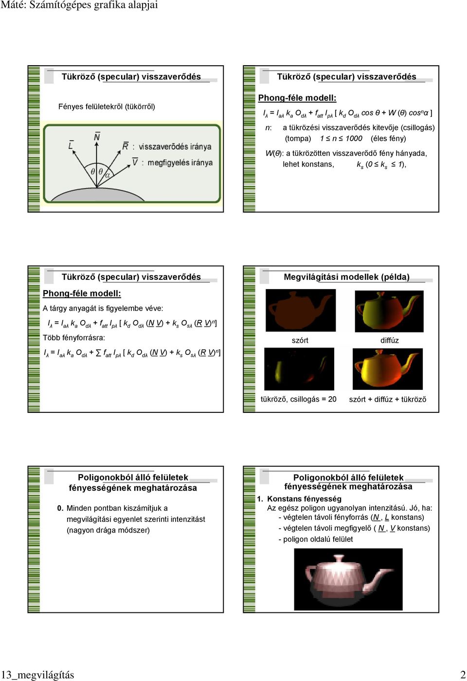 anyagát is figyelembe véve: + f att [ (N V) + k s O sλ (R V) n ] Több fényforrásra: + f att [ (N V) + k s O sλ (R V) n ] szórt diffúz tükröző, csillogás = 20 szórt + diffúz + tükröző 0.