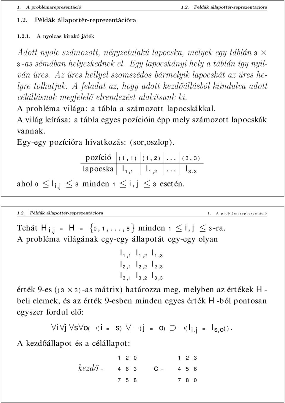 A feladat az, hogy adott kezdőállásból kiindulva adott célállásnak megfelelő elrendezést alakítsunk ki. A probléma világa: a tábla a számozott lapocskákkal.