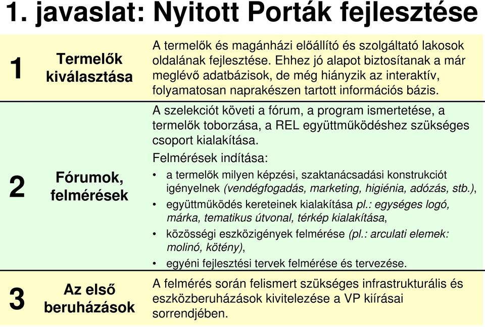 2 Fórumok, felmérések A szelekciót követi a fórum, a program ismertetése, a termelők toborzása, a REL együttműködéshez szükséges csoport kialakítása.