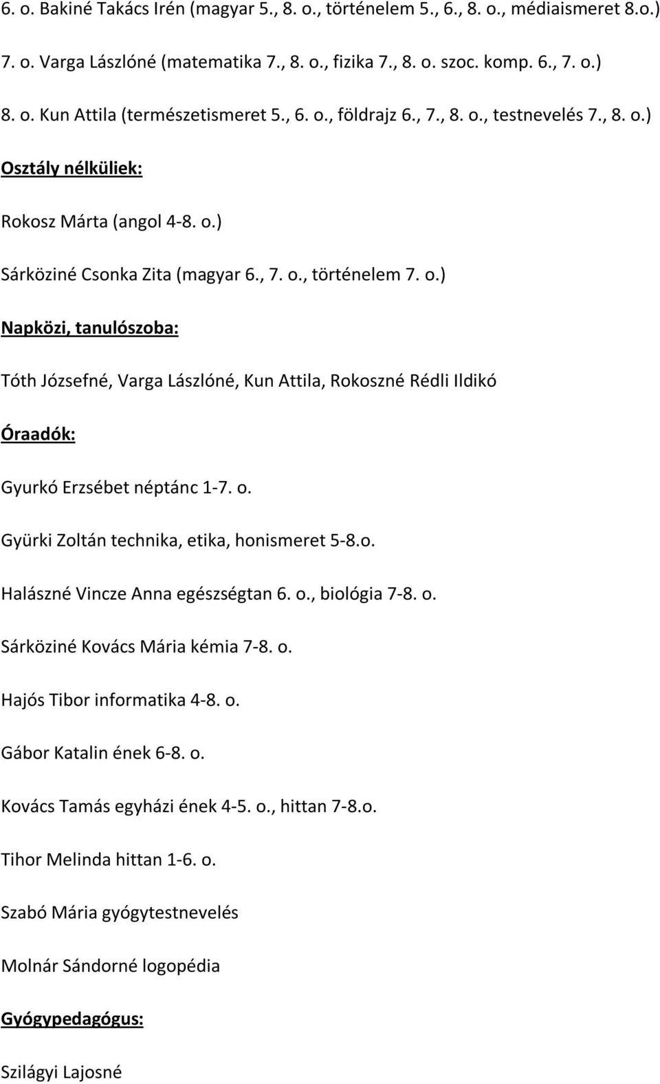 o. Gyürki Zoltán technika, etika, honismeret 5-8.o. Halászné Vincze Anna egészségtan 6. o., biológia 7-8. o. Sárköziné Kovács Mária kémia 7-8. o. Hajós Tibor informatika 4-8. o. Gábor Katalin ének 6-8.