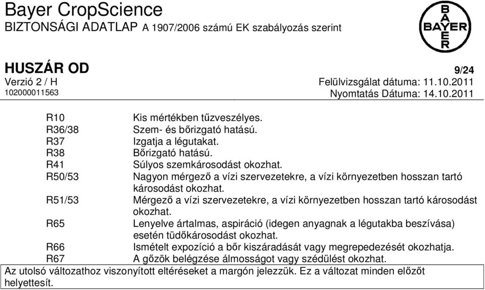 R51/53 Mérgező a vízi szervezetekre, a vízi környezetben hosszan tartó károsodást okozhat. R65 Lenyelve ártalmas, aspiráció (idegen anyagnak a légutakba beszívása) esetén tüdőkárosodást okozhat.