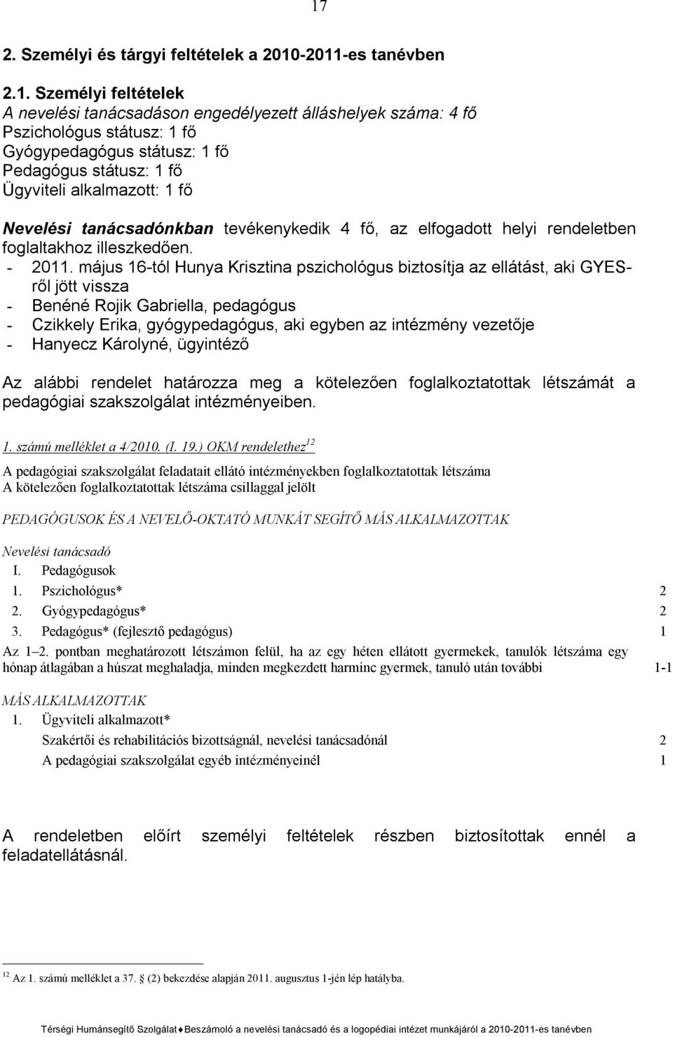 május 16-tól Hunya Krisztina pszichológus biztosítja az ellátást, aki GYESről jött vissza - Benéné Rojik Gabriella, pedagógus - Czikkely Erika, gyógypedagógus, aki egyben az intézmény vezetője -