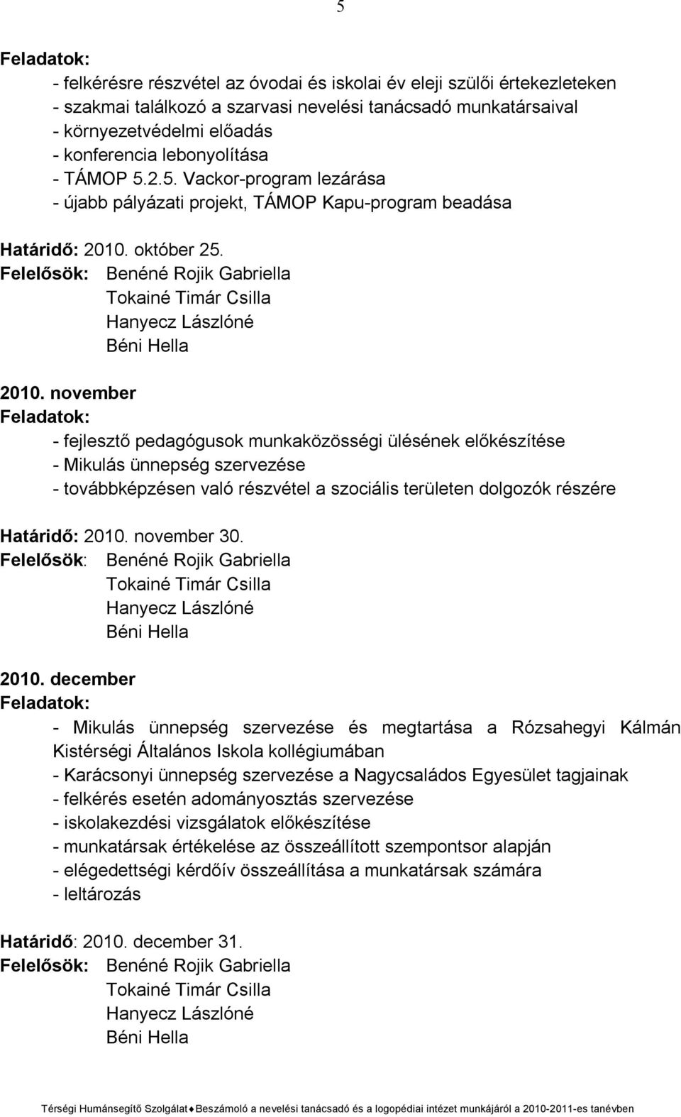 Felelősök: Benéné Rojik Gabriella Tokainé Timár Csilla Hanyecz Lászlóné Béni Hella 2010.