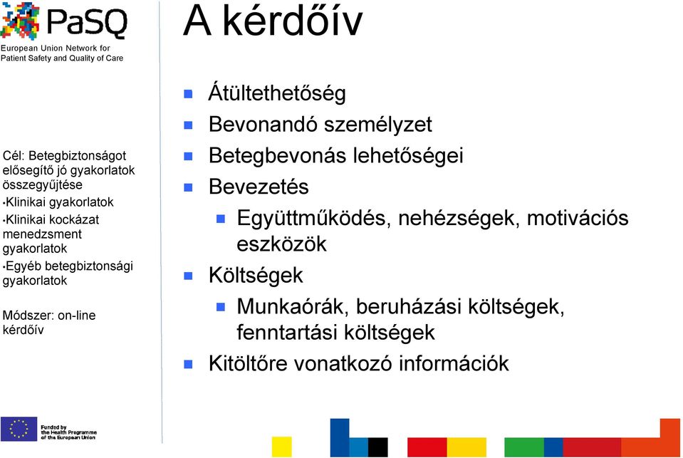 Átültethetőség Bevonandó személyzet Betegbevonás lehetőségei Bevezetés Együttműködés, nehézségek, é