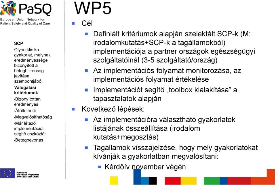 irodalomkutatás+scp-k a tagállamokból) implementációja a partner országok egészségügyi szolgáltatóinál (3-5 szolgáltató/ország) Az implementációs folyamat monitorozása, az implementációs folyamat