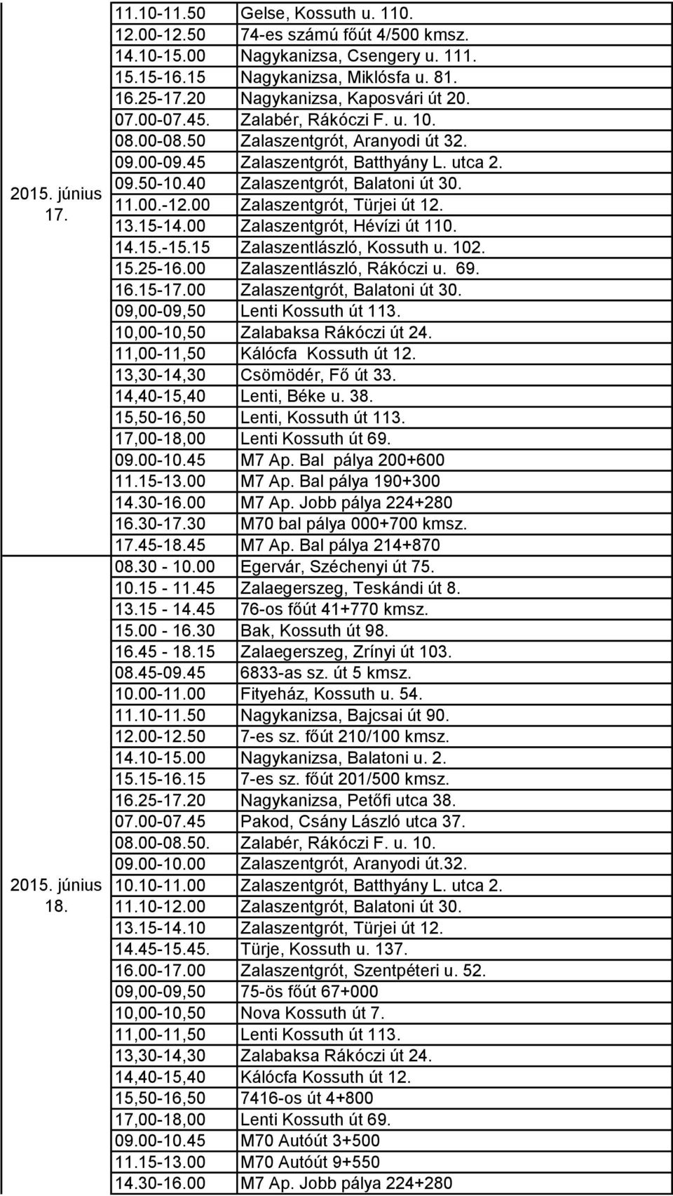 40 Zalaszentgrót, Balatoni út 30. 11.00.-12.00 Zalaszentgrót, Türjei út 12. 13.15-14.00 Zalaszentgrót, Hévízi út 110. 14.15.-15.15 Zalaszentlászló, Kossuth u. 102. 15.25-16.