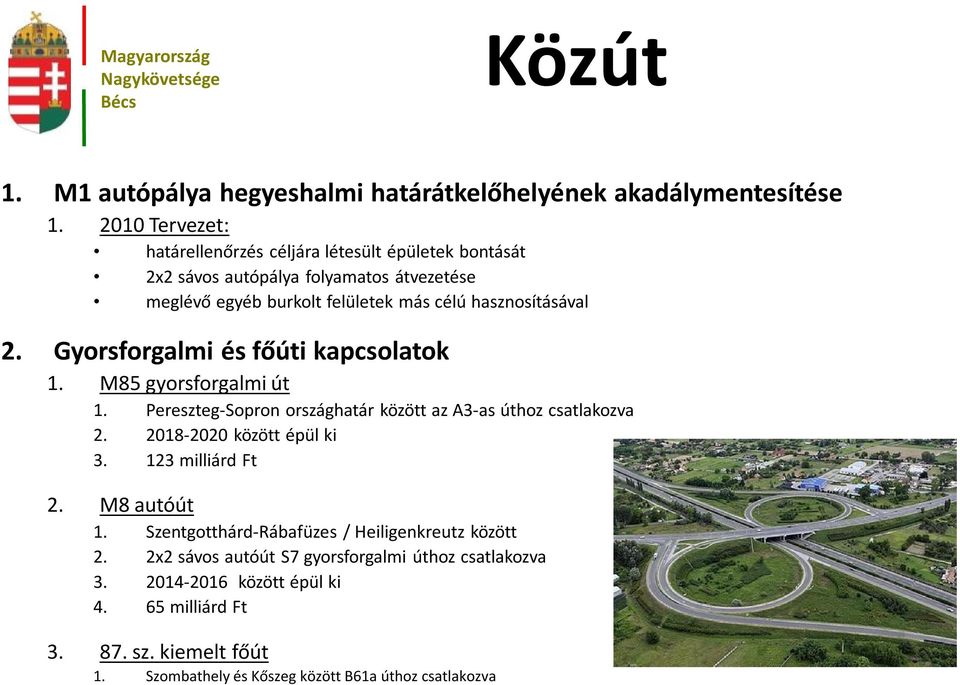 2. Gyorsforgalmi és főúti kapcsolatok 1. M85 gyorsforgalmi út 1. Pereszteg-Sopron országhatár között az A3-as úthoz csatlakozva 2. 2018-2020 között épül ki 3.