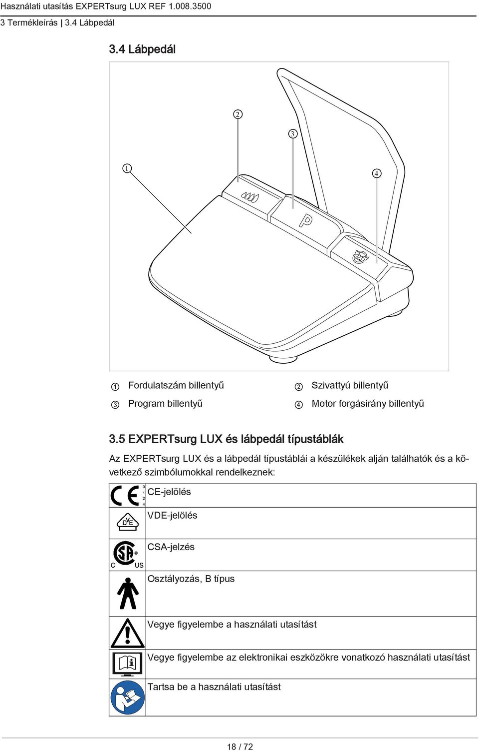 5 EXPERTsurg LUX és lábpedál típustáblák Az EXPERTsurg LUX és a lábpedál típustáblái a készülékek alján találhatók és a következő