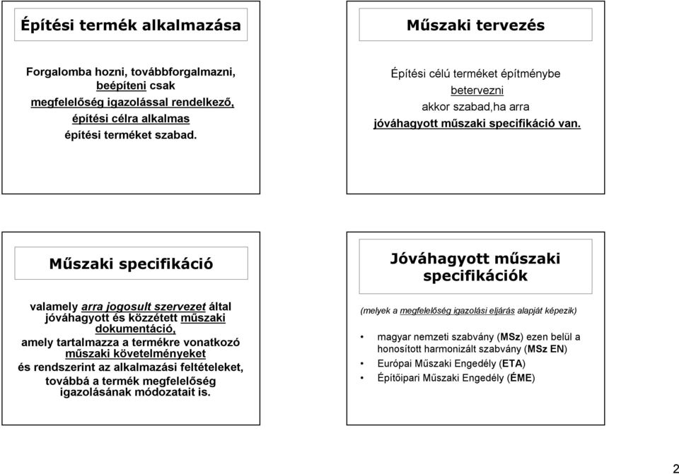 Műszaki specifikáció valamely arra jogosult szervezet által jóváhagyott és közzétett műszaki dokumentáció, amely tartalmazza a termékre vonatkozó műszaki követelményeket és rendszerint az alkalmazási