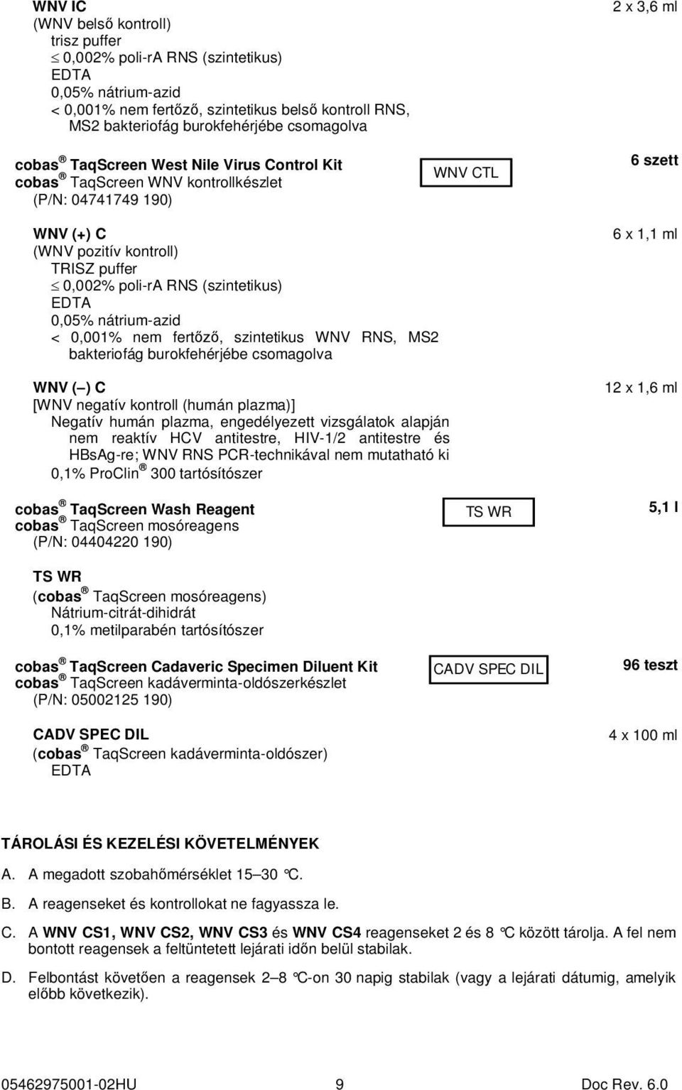 EDTA 0,05% nátrium-azid < 0,001% nem fertőző, szintetikus WNV RNS, MS2 bakteriofág burokfehérjébe csomagolva WNV ( ) C [WNV negatív kontroll (humán plazma)] Negatív humán plazma, engedélyezett