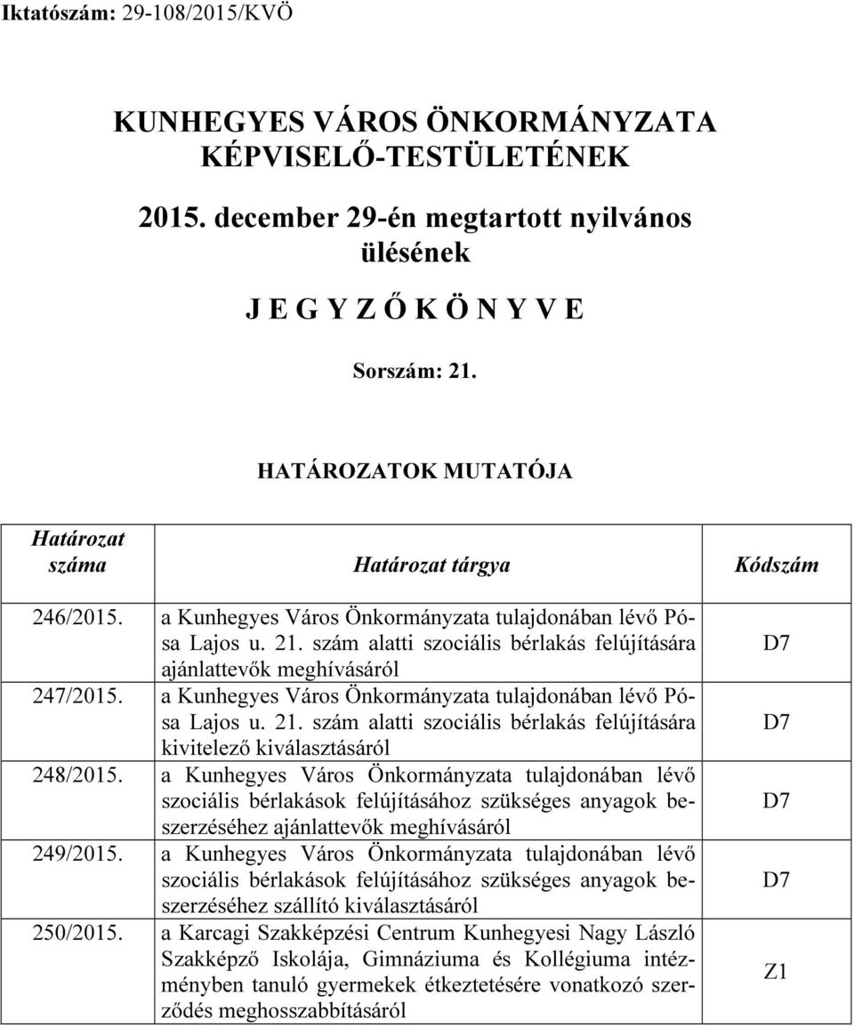 szám alatti szociális bérlakás felújítására ajánlattevők meghívásáról 247/2015. a Kunhegyes Város Önkormányzata tulajdonában lévő Pósa Lajos u. 21.