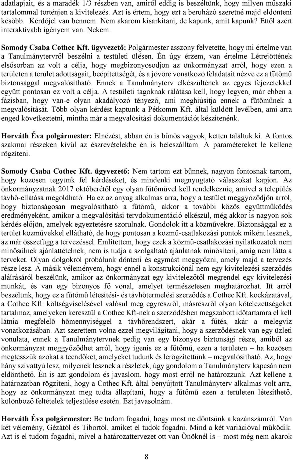 ügyvezető: Polgármester asszony felvetette, hogy mi értelme van a Tanulmánytervről beszélni a testületi ülésen.