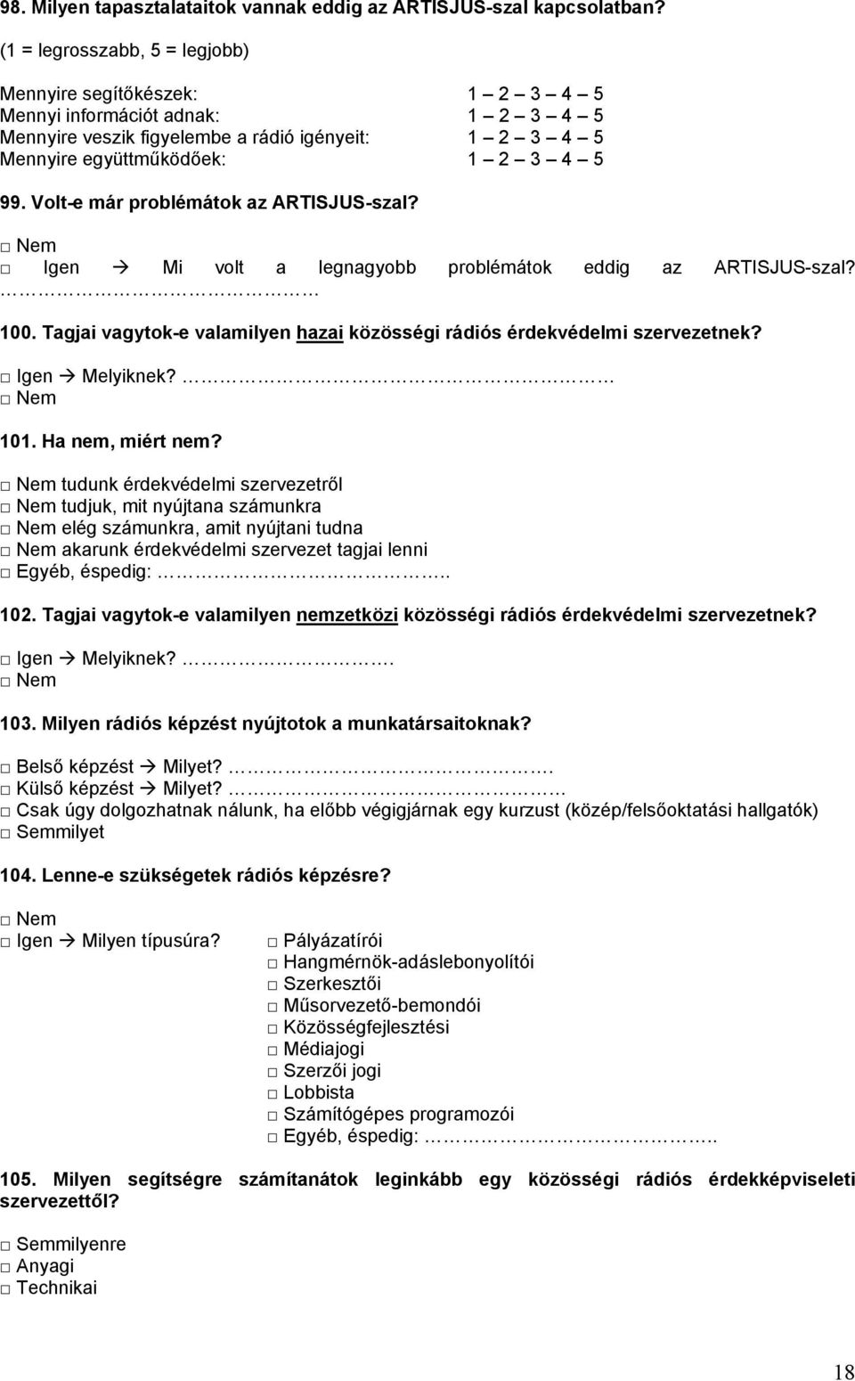 Volt-e már problémátok az ARTISJUS-szal? Igen Mi volt a legnagyobb problémátok eddig az ARTISJUS-szal? 100. Tagjai vagytok-e valamilyen hazai közösségi rádiós érdekvédelmi szervezetnek?