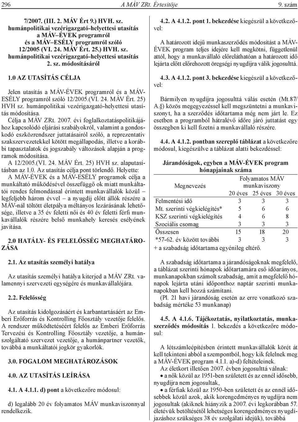 25) HVH sz. humánpolitikai vezérigazgató-helyettesi utasítás módosítása. Célja a MÁV ZRt. 2007.