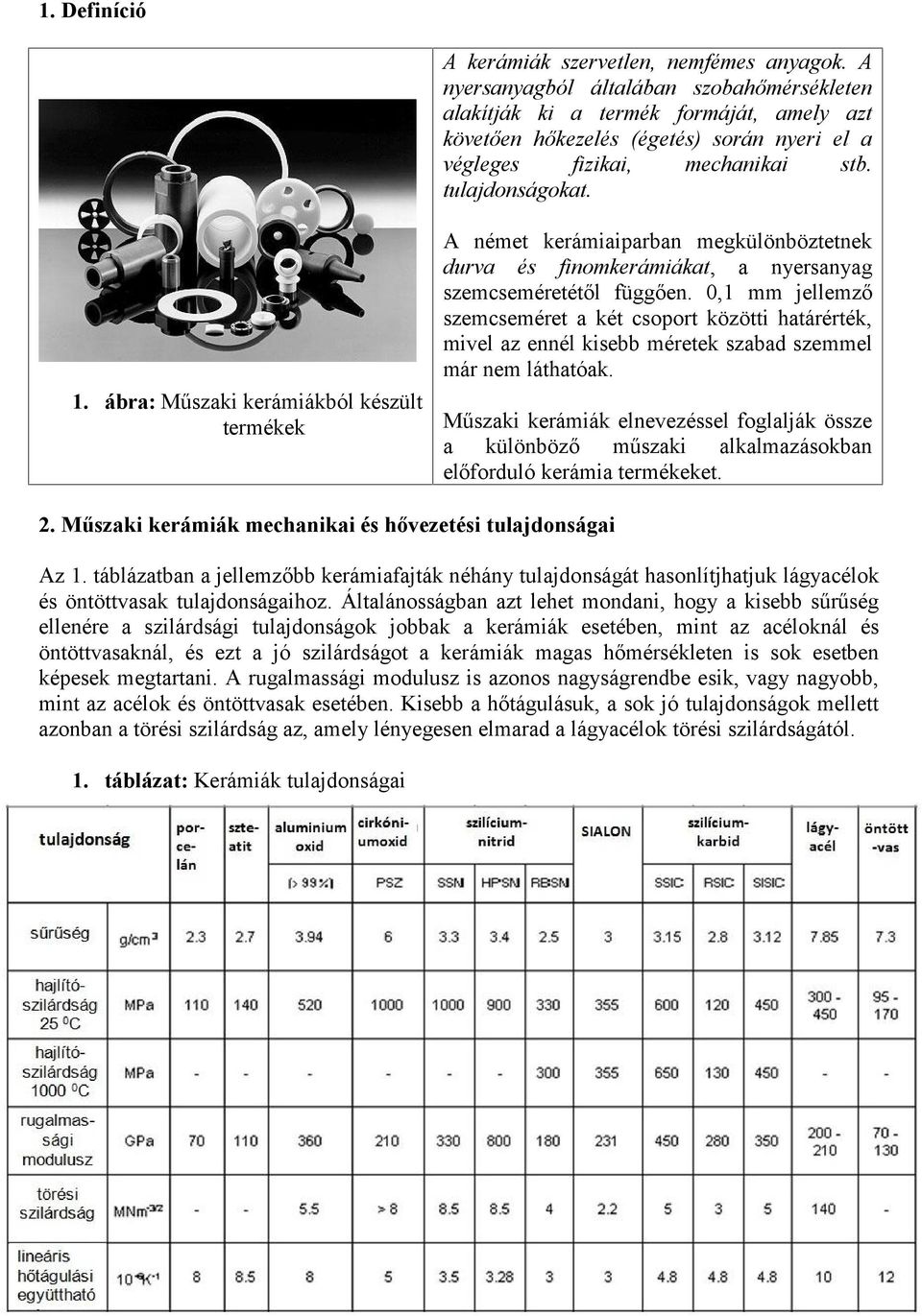 ábra: Műszaki kerámiákból készült termékek A német kerámiaiparban megkülönböztetnek durva és finomkerámiákat, a nyersanyag szemcseméretétől függően.