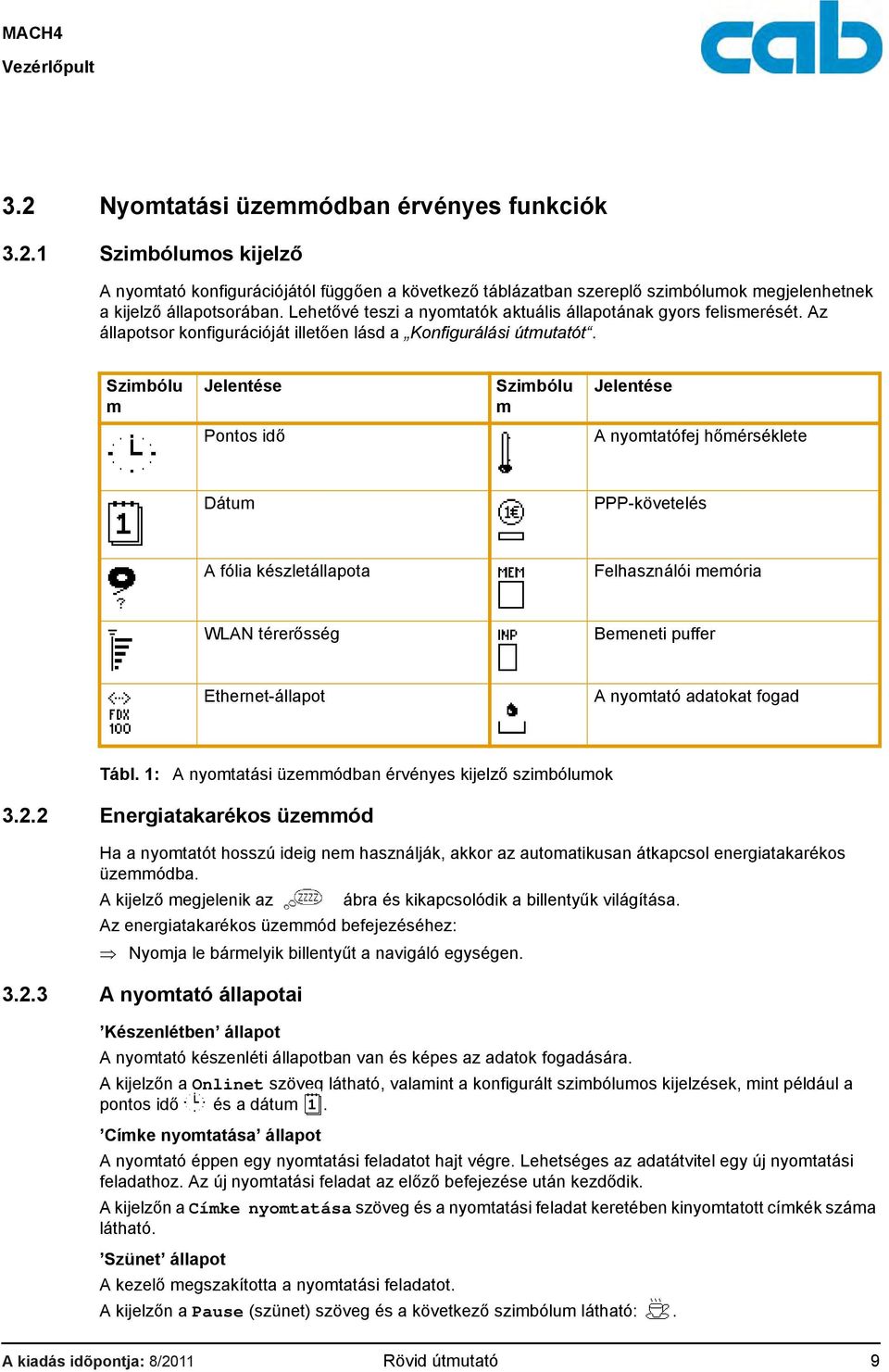 Szimbólu m Jelentése Szimbólu m Jelentése Pontos idő A nyomtatófej hőmérséklete Dátum PPP-követelés A fólia készletállapota Felhasználói memória WLAN térerősség Bemeneti puffer Ethernet-állapot A