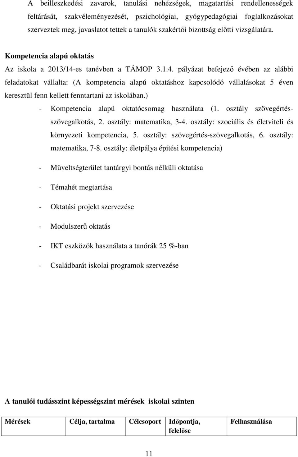 es tanévben a TÁMOP 3.1.4. pályázat befejező évében az alábbi feladatokat vállalta: (A kompetencia alapú oktatáshoz kapcsolódó vállalásokat 5 éven keresztül fenn kellett fenntartani az iskolában.