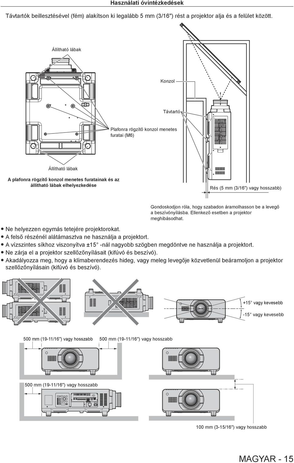 hosszabb) Gondoskodjon róla, hogy szabadon áramolhasson be a levegő a beszívónyílásba. Ellenkező esetben a projektor meghibásodhat. Ne helyezzen egymás tetejére projektorokat.