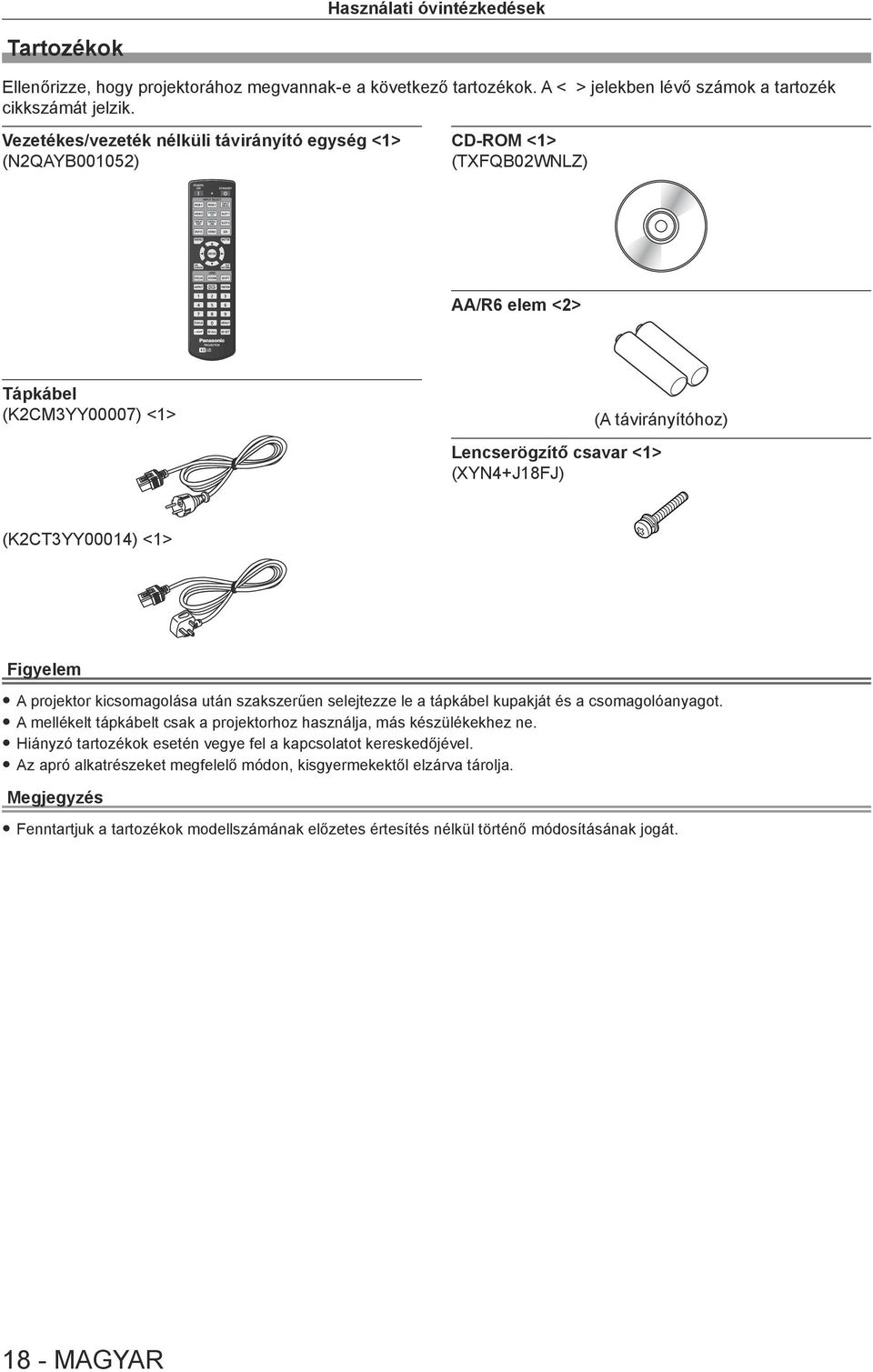 (K2CT3YY00014) <1> Figyelem A projektor kicsomagolása után szakszerűen selejtezze le a tápkábel kupakját és a csomagolóanyagot.