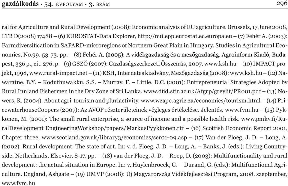 (2003): Farmdiversification in SAPARD-microregions of Nortnern Great Plain in Hungary. Studies in Agricultural Economics, No.99. 53-73. pp. (8) Fehér A. (2005): A vidékgazdaság és a mezőgazdaság.