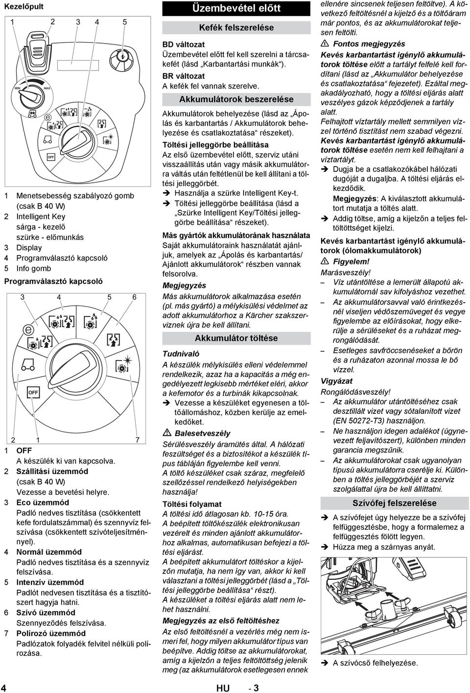 3 Eco üzemmód Padló nedves tisztítása (csökkentett kefe fordulatszámmal) és szennyvíz felszívása (csökkentett szívóteljesítménnyel). 4 Normál üzemmód Padló nedves tisztítása és a szennyvíz felszívása.