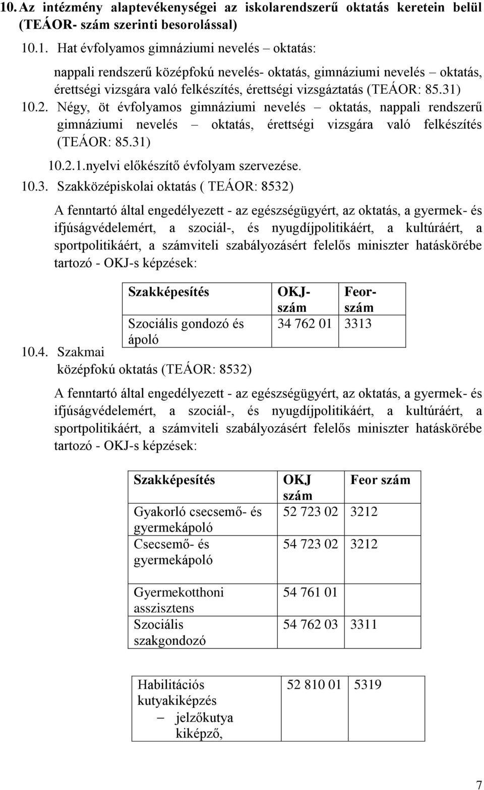 10.3. Szakközépiskolai oktatás ( TEÁOR: 8532) A fenntartó által engedélyezett - az egészségügyért, az oktatás, a gyermek- és ifjúságvédelemért, a szociál-, és nyugdíjpolitikáért, a kultúráért, a