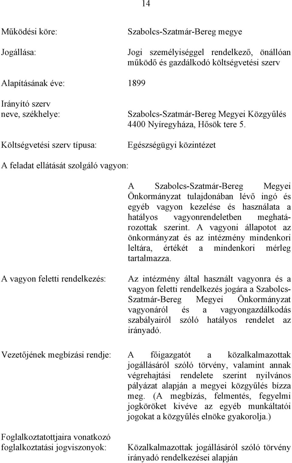 Egészségügyi közintézet A feladat ellátását szolgáló vagyon: A Szabolcs-Szatmár-Bereg Megyei Önkormányzat tulajdonában lévő ingó és egyéb vagyon kezelése és használata a hatályos vagyonrendeletben