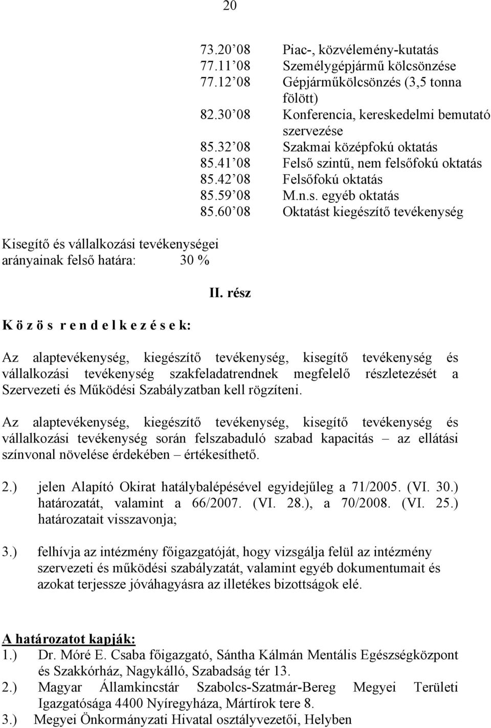 59 08 Felsőfokú oktatás M.n.s. egyéb oktatás 85.60 08 Oktatást kiegészítő tevékenység II.