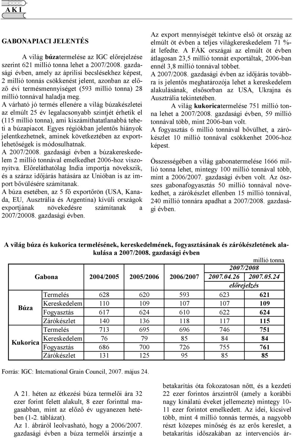 A várható jó termés ellenére a világ búzakészletei az elmúlt 25 év legalacsonyabb szintjét érhetik el (115 millió ), ami kiszámíthatatlanabbá teheti a búzapiacot.