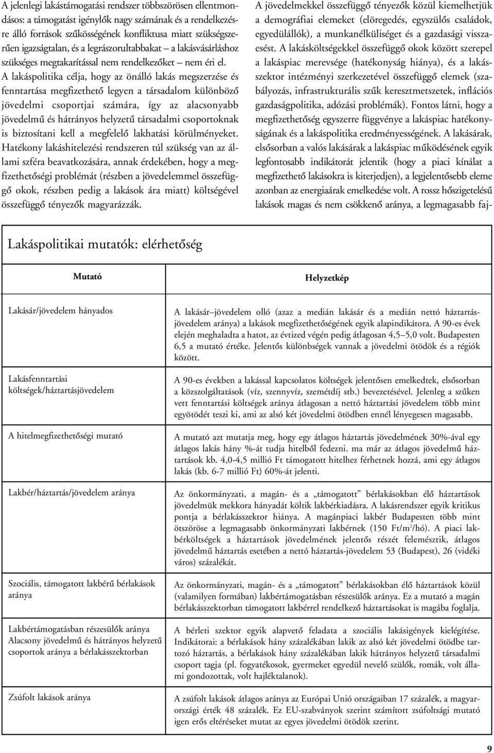 A lakáspolitika célja, hogy az önálló lakás megszerzése és fenntartása megfizethetô legyen a társadalom különbözô jövedelmi csoportjai számára, így az alacsonyabb jövedelmû és hátrányos helyzetû