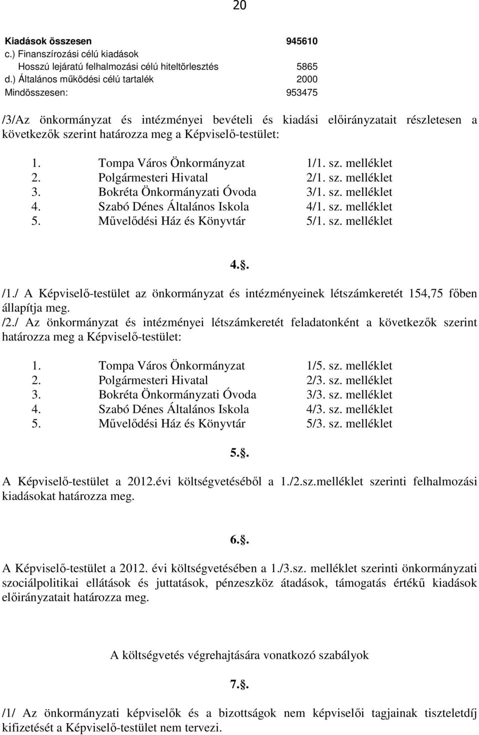 1. Tompa Város Önkormányzat 1/1. sz. melléklet 2. Polgármesteri Hivatal 2/1. sz. melléklet 3. Bokréta Önkormányzati Óvoda 3/1. sz. melléklet 4. Szabó Dénes Általános Iskola 4/1. sz. melléklet 5.