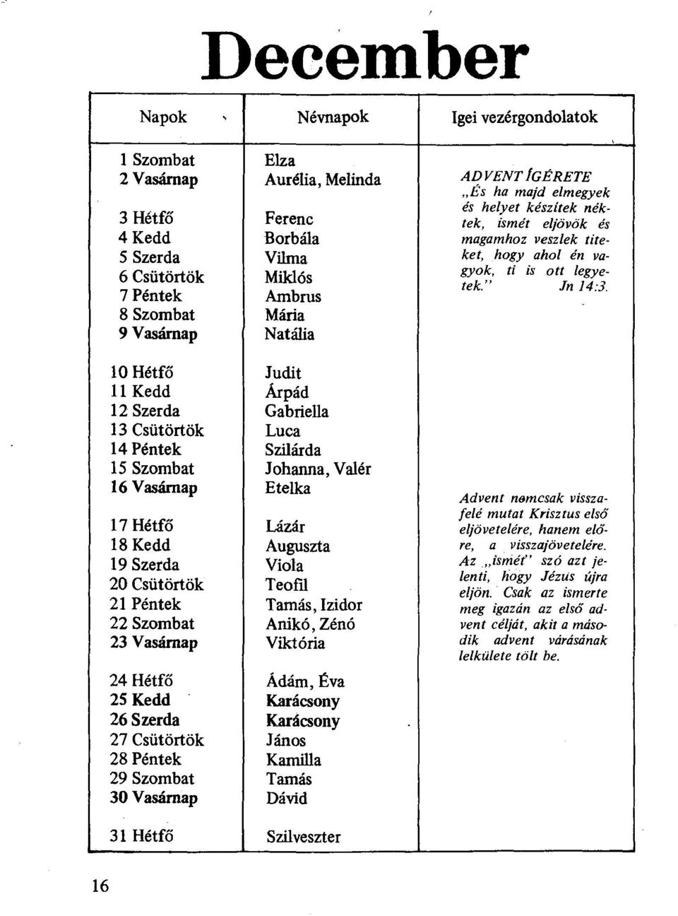 7 Péntek Ambrus 8 Szombat Mária 9 Vasárnap Natália 10 Hétfő Judit 11 Kedd Árpád 12 Szerda Gabriella 13 Csütörtök Luca 14 Péntek Szilárda 15 Szombat Johanna, Valér 16 Vasárnap Etelka Advent nomcsak