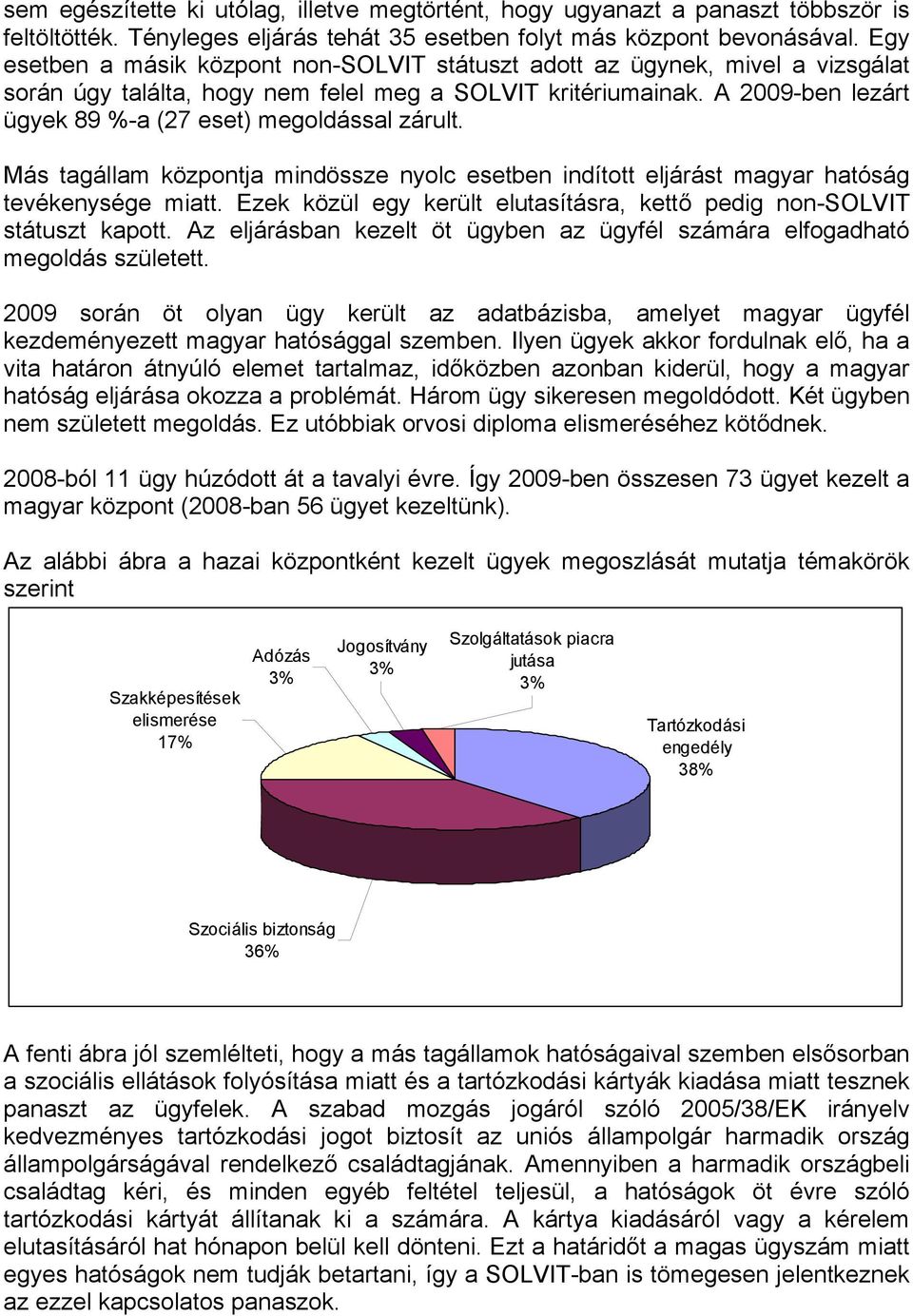 A 2009-ben lezárt ügyek 89 %-a (27 eset) megoldással zárult. Más tagállam központja mindössze nyolc esetben indított eljárást magyar hatóság tevékenysége miatt.